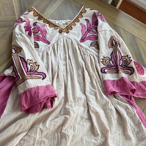 Easel Embroidered Dress/Caftan with Pink Accents